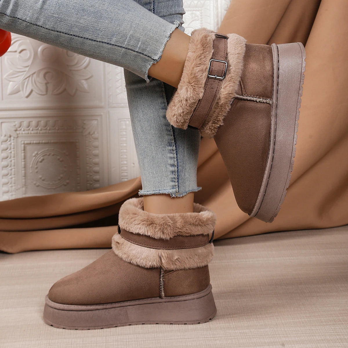 Women's Single Boots Winter New Thick Soled Frosted Plush Zipper Mid-calf Boots Casual Comfort Warm Non-slip Snow Boots