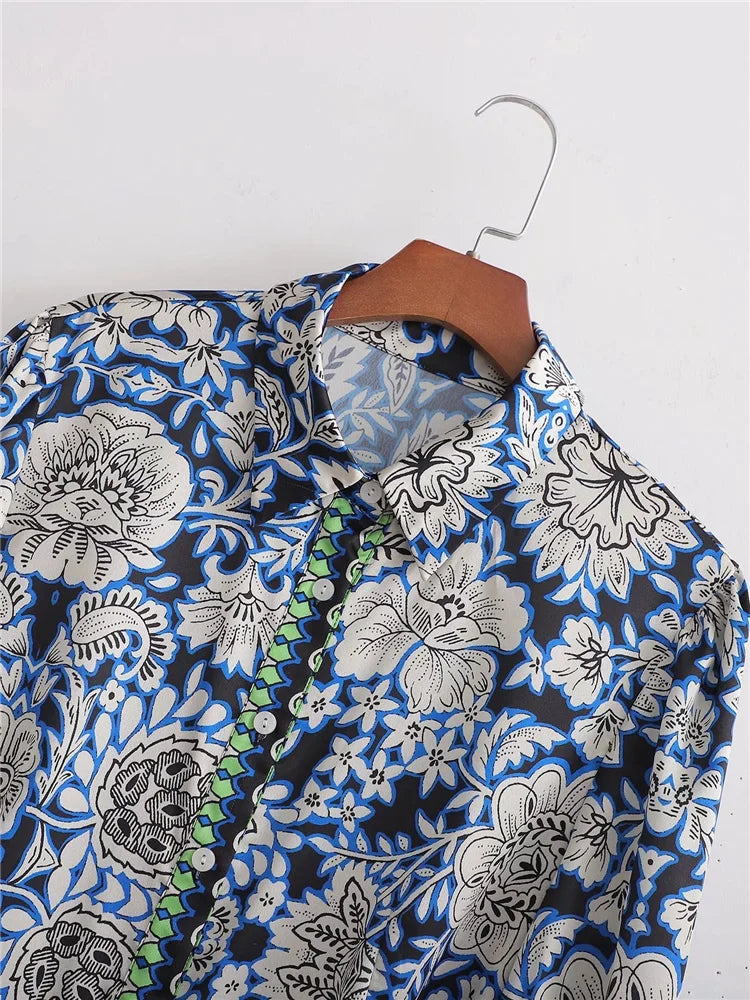 Woman Casual Blue Long Print Shirt Dresses 2025 Spring Female High Waisted Sashes Dress Ladies Long Sleeve Button Dresses