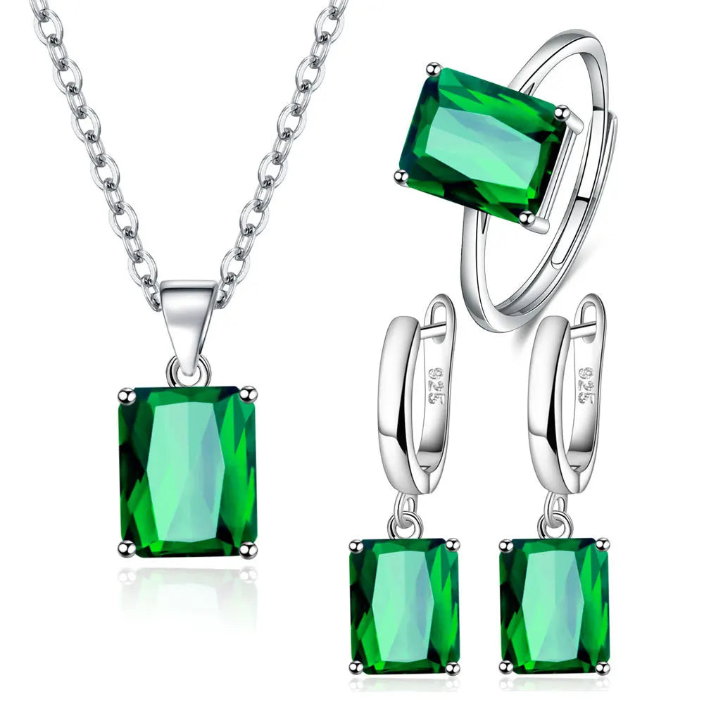 925 Sterling Silver Elegant Jewelry Sets Ring Earrings Necklace For Women Rectangle Geometry Zircon Wedding Accessories