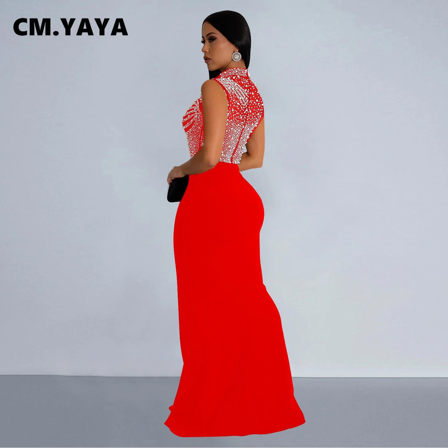 CM.YAYA Women Sleeveless Diamonds Hot Rhinestones High Side Split Mermaid Maxi Long Dress 2024 Even Sexy Party Dresses Vestidos