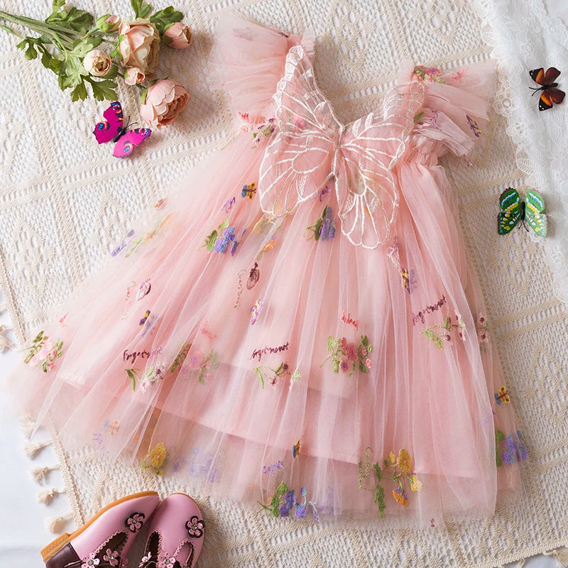 Baby Girls Dresses Princess Birthday Party Sweet Baby Girls Dresses Back Bow Wings Fairy Strap Embroidered Butterfly Mesh Dress
