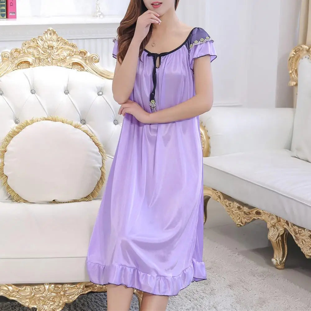 Sleeping Dress for Women Night Gowns Sleepwear Lace Long Sleeping Dress Casual Satin Ruffle Hem Summer Nightdress Pajama Dress
