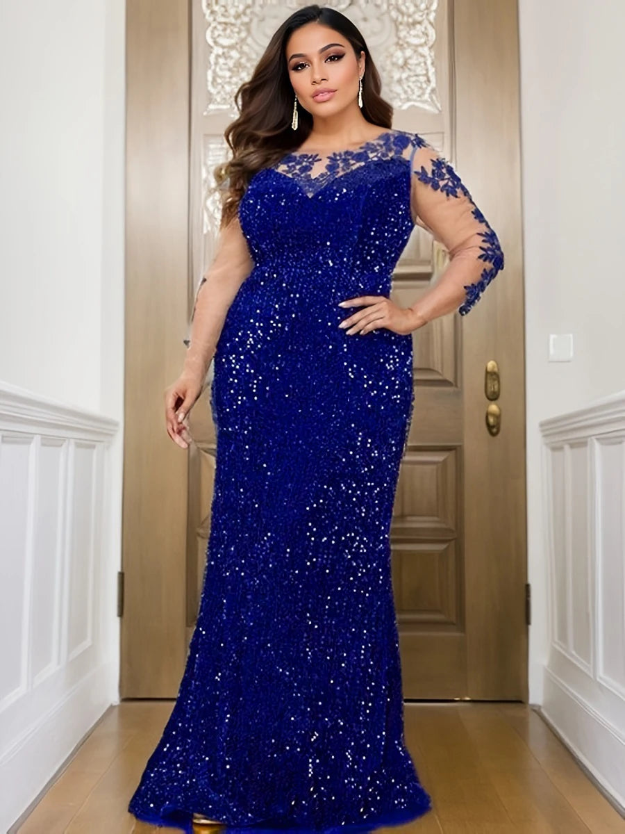 Curve Evening Party Long Dress Lace Patchwork Sequined Velvet Full Sleeved Hollow Out Maxi Prom Gown for Women