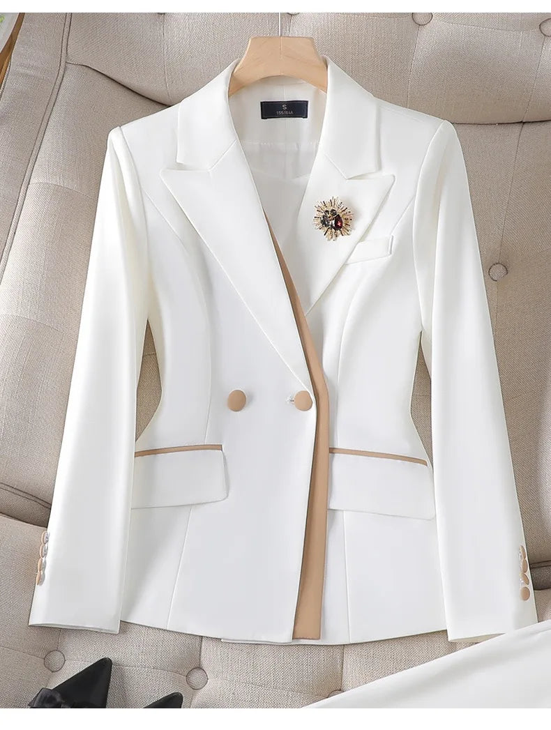 Fashion Pink White Women Pant Suit 2 Piece Set Office Ladies Female Business Work Wear Formal Blazer Jacket And Trouser