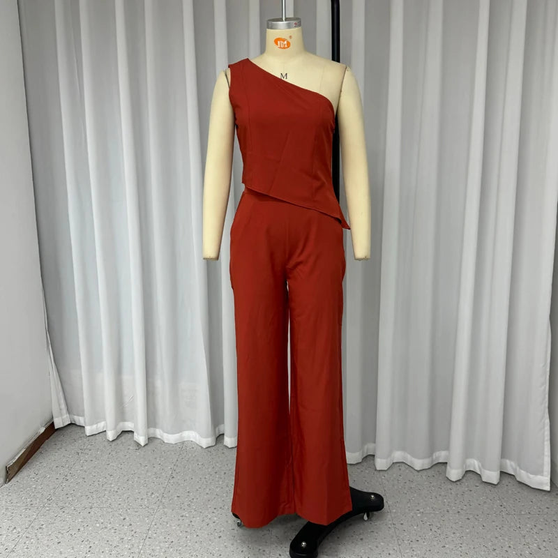 Wefads Women Two Piece Set Casual Simple Solid One Shoulder Office Sleeveless Slim Top With Pocket Pants Set High Streetwear