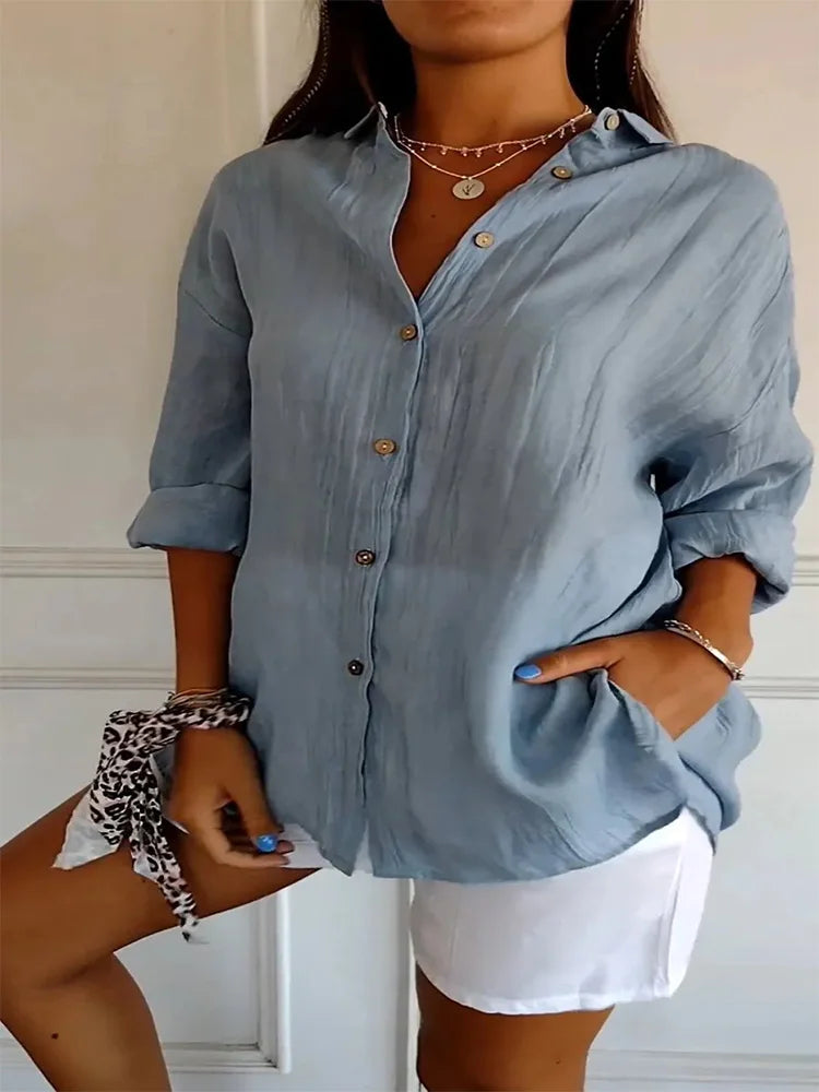 Minimalist Blouse Women's Stand Up Collar Button Long Sleeve Top Spring Autumn Casual Solid Color Clothes