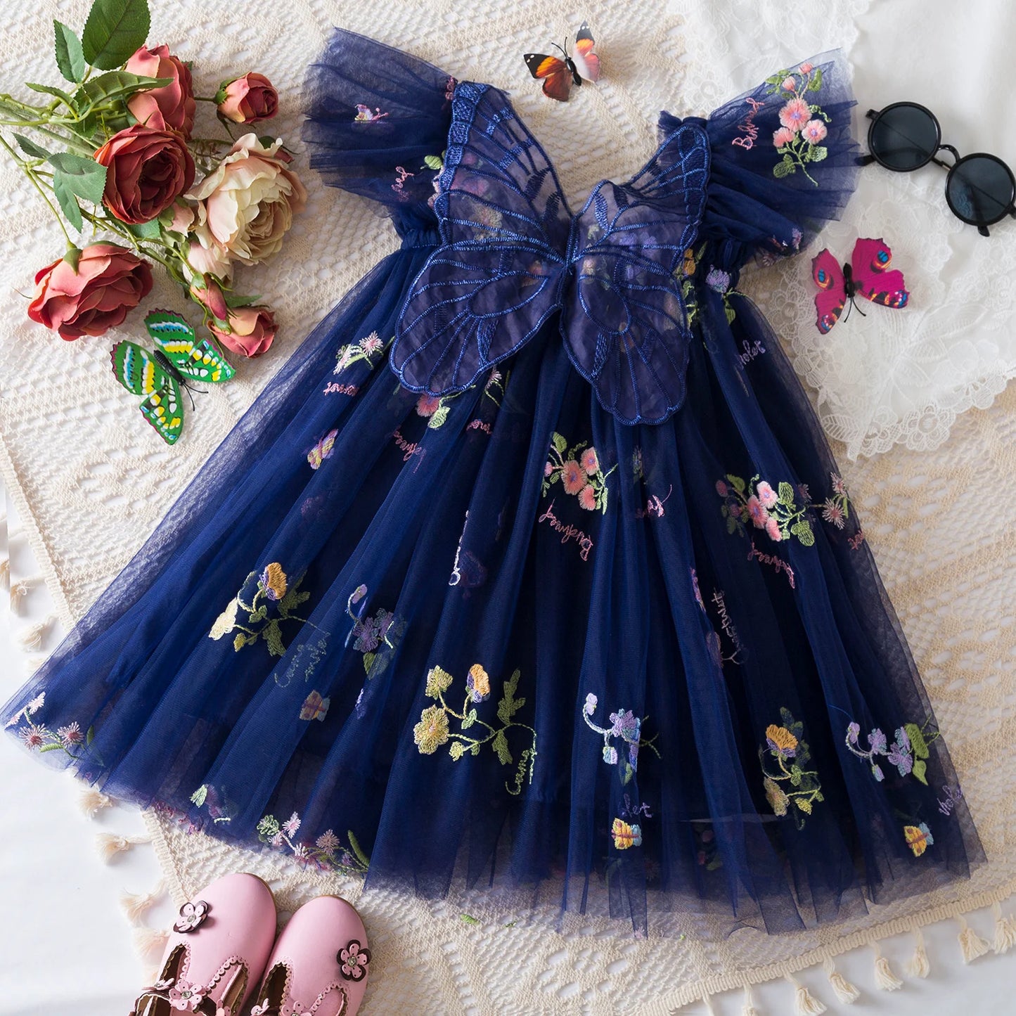 Baby Girls Dresses Princess Birthday Party Sweet Baby Girls Dresses Back Bow Wings Fairy Strap Embroidered Butterfly Mesh Dress