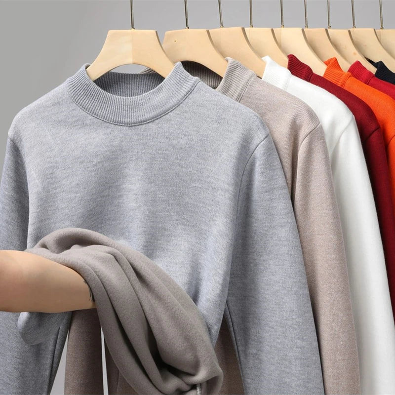 Winter New Men's Knitted Sweater with A Half High Collar Solid Color Plush and Warm Knitted Lining Top Casual and Versatile Top