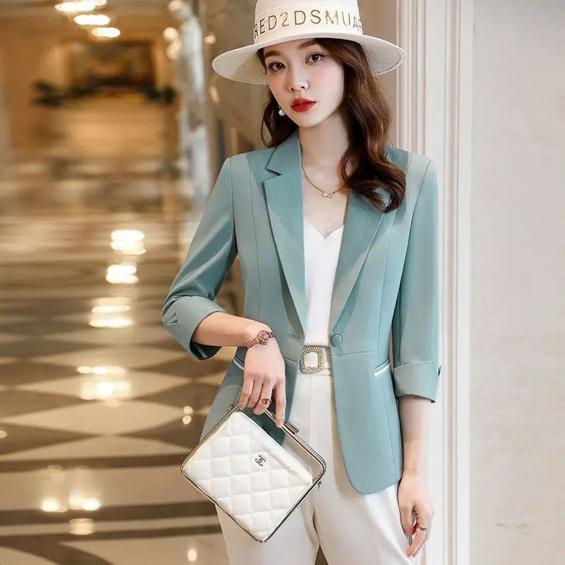 S-4XL Apricot Suit Jacket For Women's Summer Trench Coat Green 2024 New Short Cut Slim Fit Temperament Women's Thin Blazer Lady