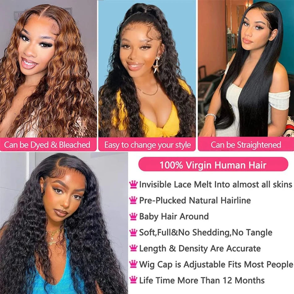 Glueless Water Wet and Wavy 13x4 Lace Closure Wigs Human Hair Lace Front Wig Human Hair Deep Wave Frontal Wigs For Black Women