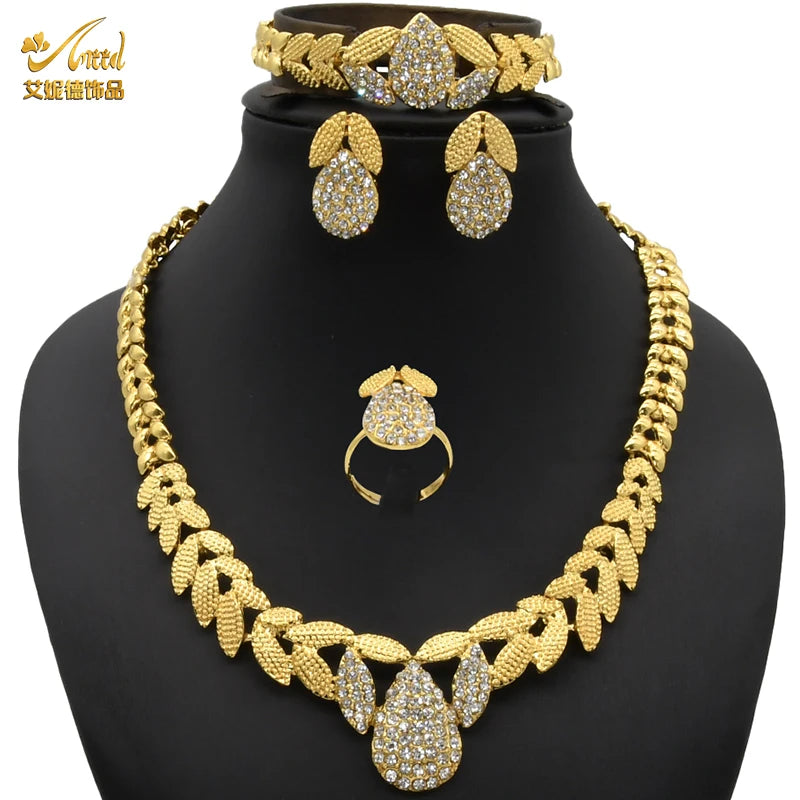 ANIID African Jewelery Sets Flower Earrings Choker Necklace Bracelet Hawaiian Indian Dubai Golden Jewelry For Women Accessories