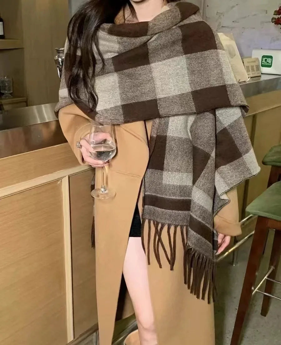 2024 Winter Women Faux Woolen Loose Tassel Shawl Capes Cashmere Wear Warm Thick Poncho Cardigan Lady Printed Plaid Blanket