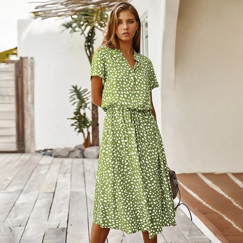 Vintage Floral Print Dress Women Boho Short Sleeve Long Dress Turn Down Collar Casual Waistband Shirt Dresses Robe 2021 Summer