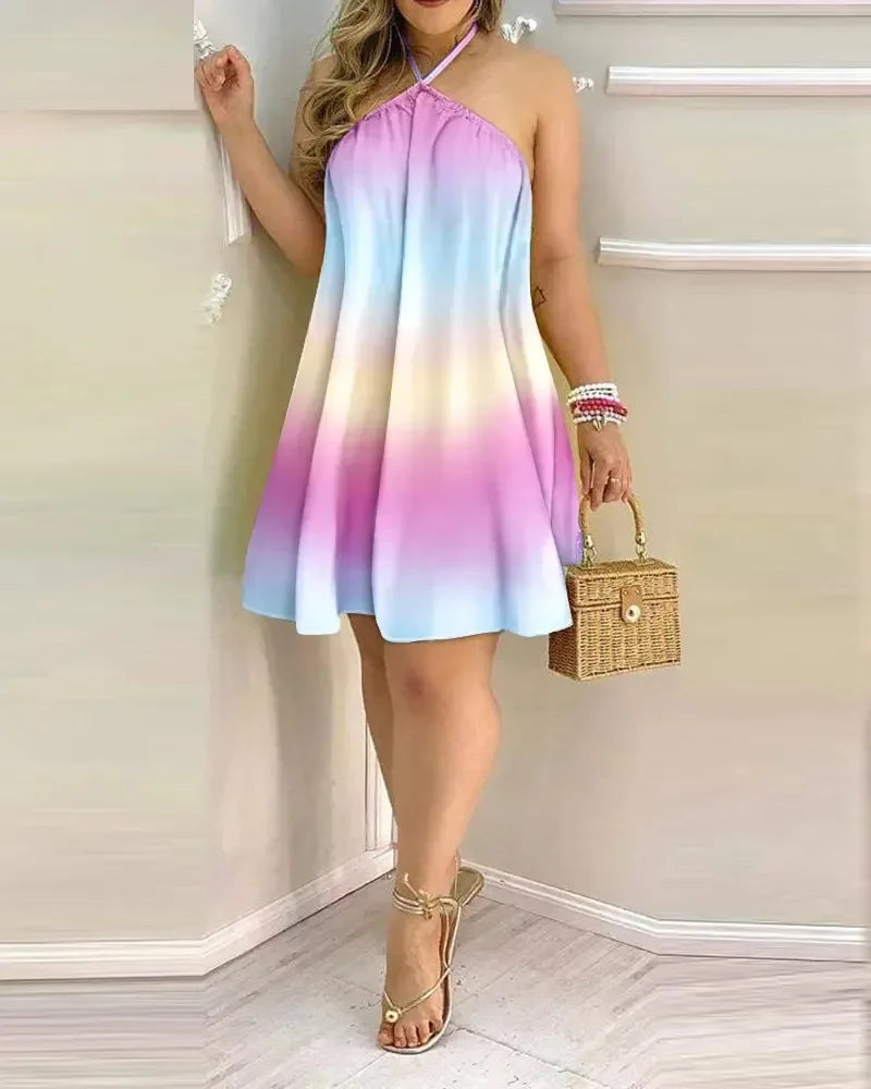 Dresses For Woman 2025 Sexy Sleeveless Backless Short Mini Dress Loose Halter Neck Print Beach Sundress Floral Vestidos S-3XL