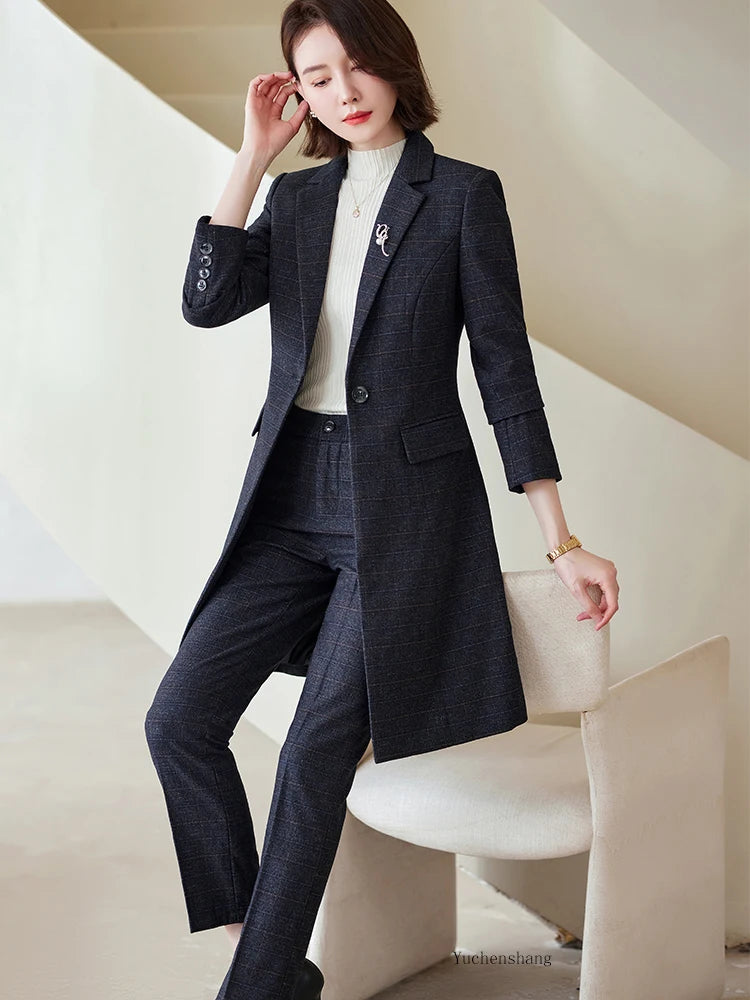 Women Work Business Wear Pant Suit Red Blue Black Coffee Plaid Long Blazer 2 Pieces Set Female Office Ladies Jacket and Trouser