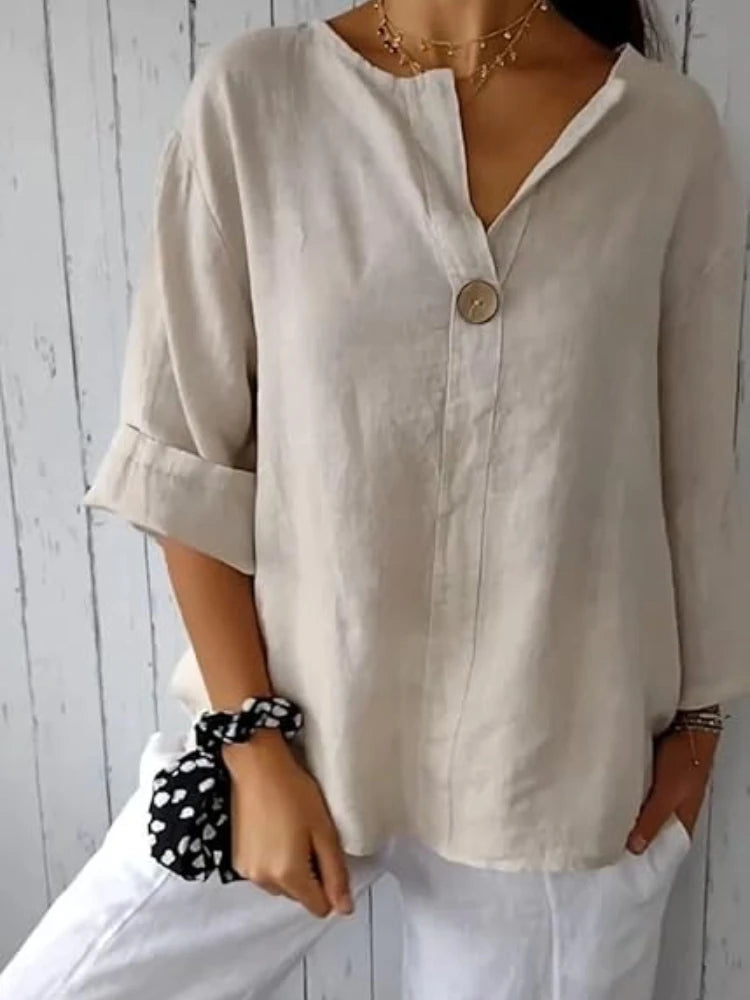 Women's Casual Loose V-Neck T-Shirts 2025 Summer New Hot Arrival Youth Elegant Ladies Tops Plus Size Luxury Blouses Office Wear