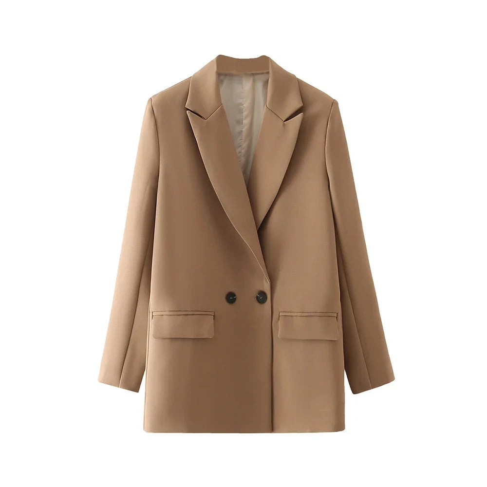 Women Black Blazer 2025 Fashion Office Wear Double Breasted Blazer Coat Vintage Long Sleeve Pockets Female Outerwear Chic Tops