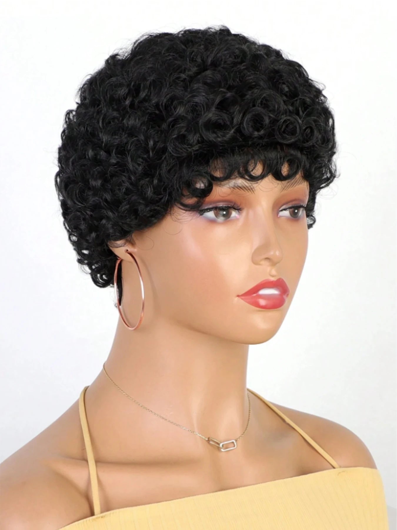 Cut Short Curly Wigs for Women, Synthetic Full Wigs with Bangs, Glueless Daily Wear And Go, Black Color, Heat Resistant, Beginne