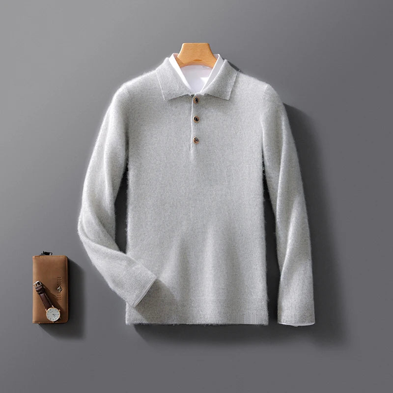 Autumn And Winter New 100 Pure Wool Sweater Men's POLO Collar Button Loose Pullover Sweater Cashmere Knitted Bottoming Shirt