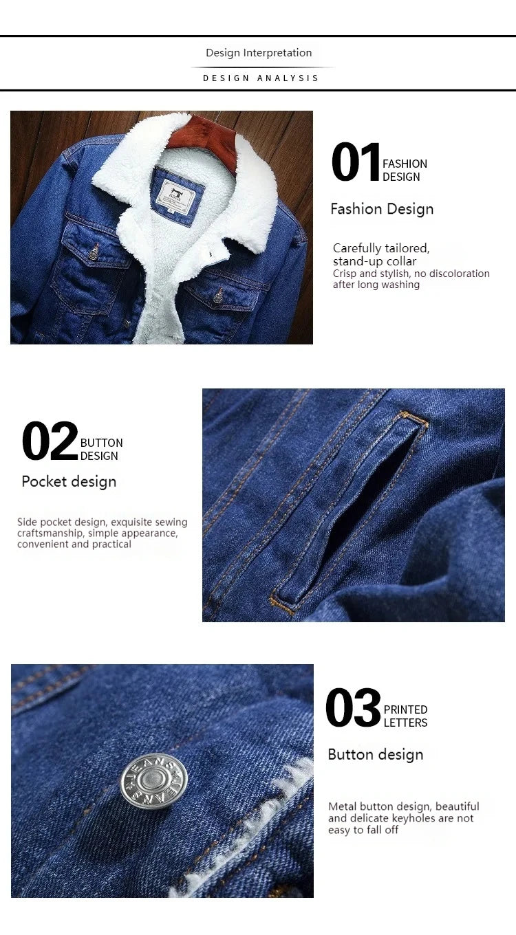 Winter New Men's Clothing Fashion Trend Fleece Denim Jackets Slim Fit Thick Collar Single Breasted Warm Casual Coats