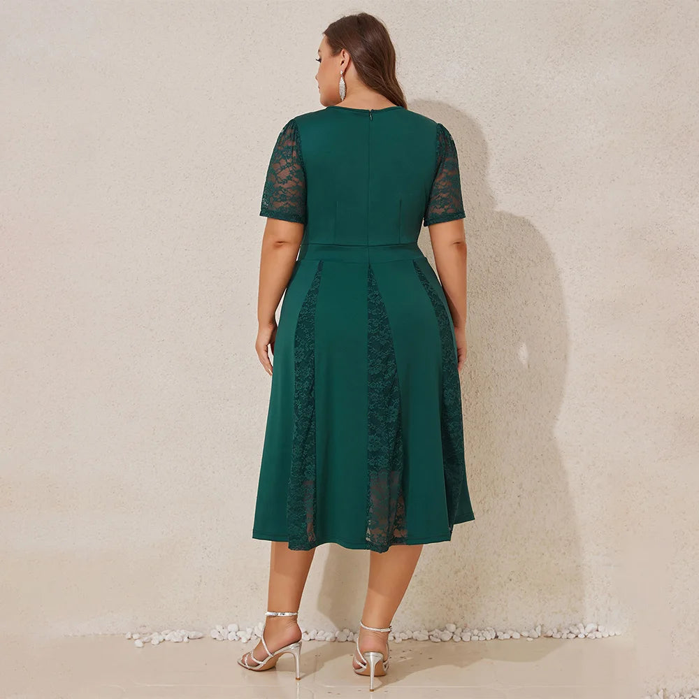 Plus Sizes Women's Elegant Solid Lace V-Neck Puff Sleeve A-Line Midi Dress Ladies Party Cocktail Evening Ball Gown Size 0XL-5XL