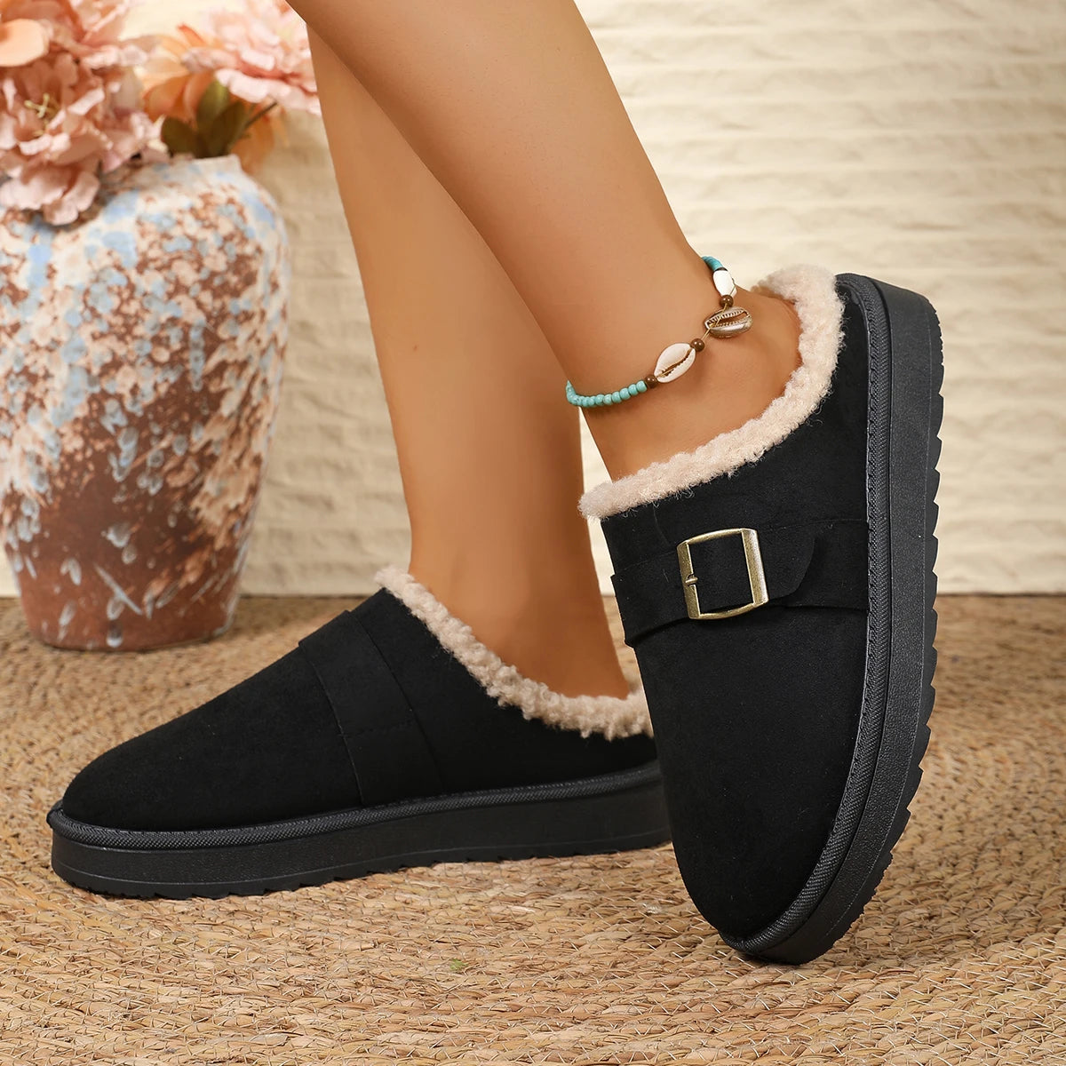 Snow Boots for Women 2025 Winter New Cashmere Warm Thick Soles Without Heel-covered Hair Half Slipper Cotton Shoes for Women