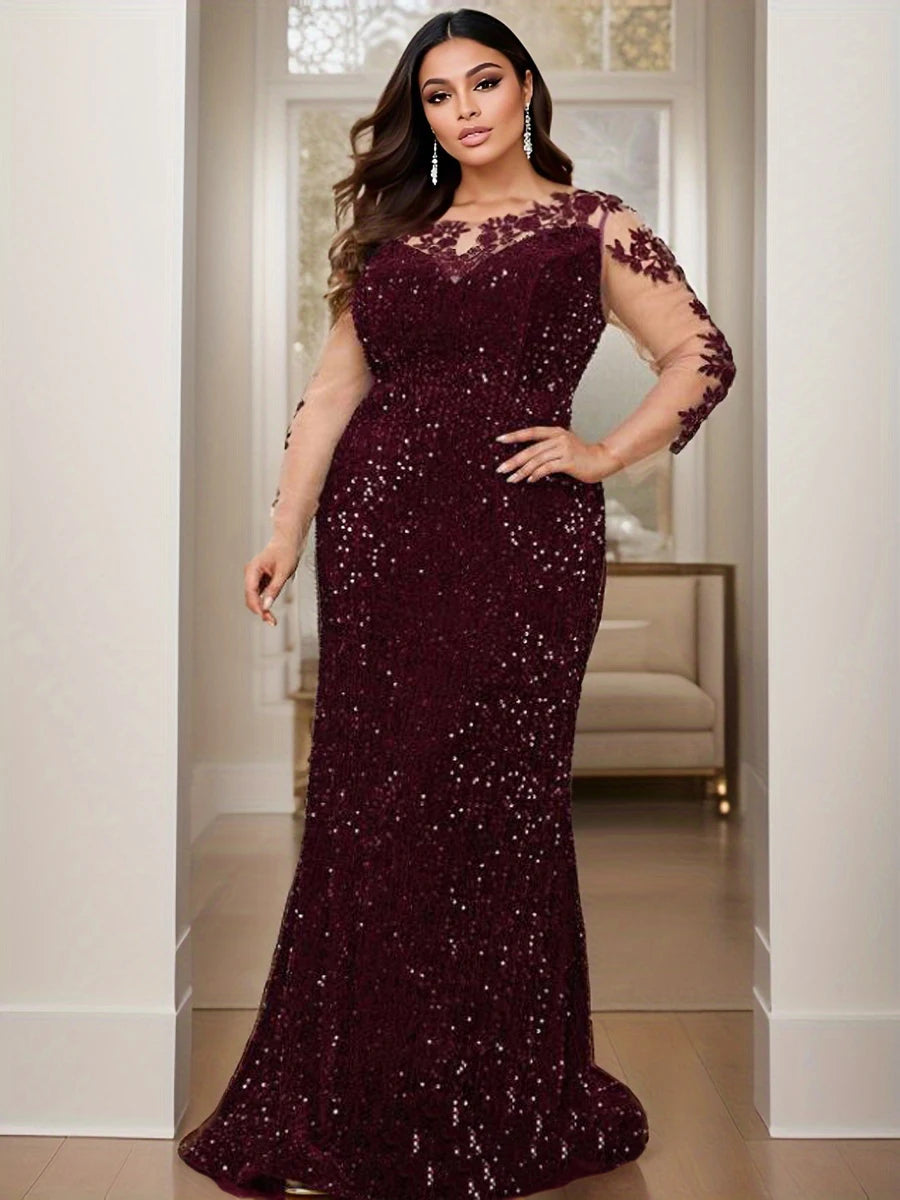 Curve Evening Party Long Dress Lace Patchwork Sequined Velvet Full Sleeved Hollow Out Maxi Prom Gown for Women