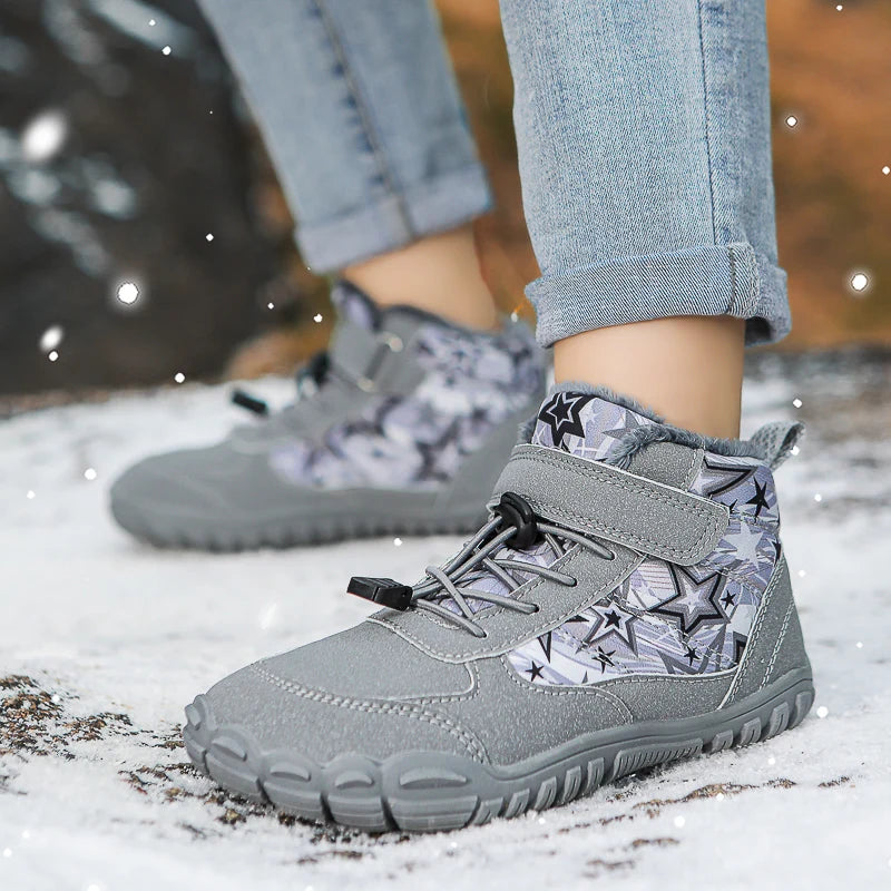 2025 Kids Barefoot Snow Boots Wide Toe Winter Insulated Waterproof Fur Lined Shoes for Boys Girls Cold Weather Outdoor Sneakers