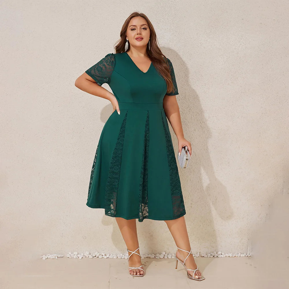Plus Sizes Women's Elegant Solid Lace V-Neck Puff Sleeve A-Line Midi Dress Ladies Party Cocktail Evening Ball Gown Size 0XL-5XL