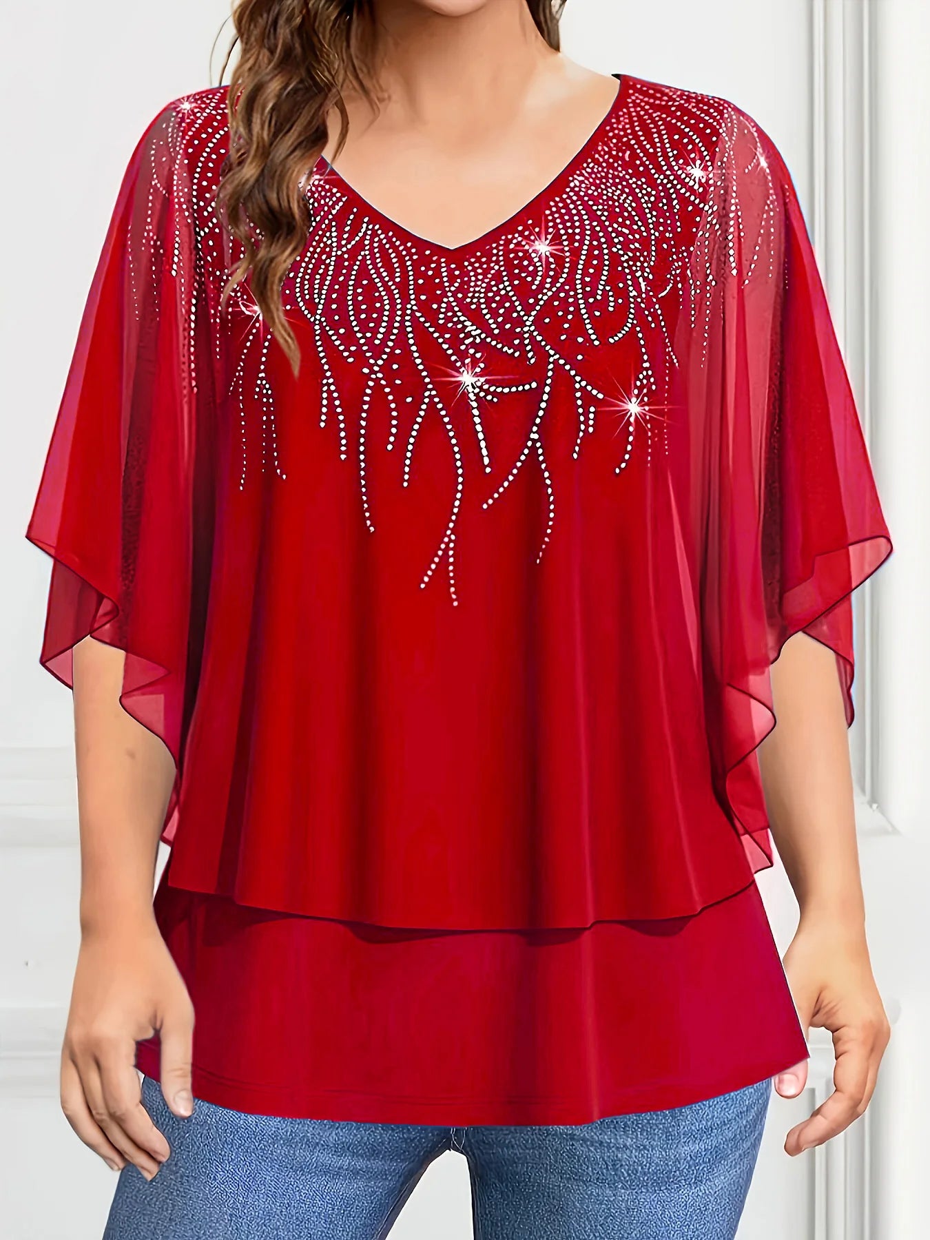 Plus Size Women's Blouse V-Neck Pullover Batwing Sleeve Sparkly Layered Shirts Blouse Women'S Clothing Casual Summer Top