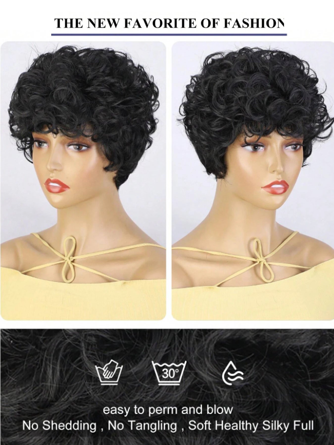 Cut Short Curly Wigs for Women, Synthetic Full Wigs with Bangs, Glueless Daily Wear And Go, Black Color, Heat Resistant, Beginne