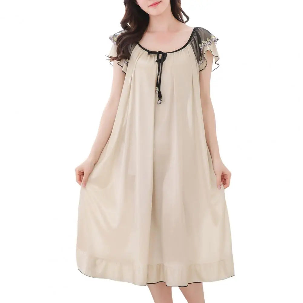 Sleeping Dress for Women Night Gowns Sleepwear Lace Long Sleeping Dress Casual Satin Ruffle Hem Summer Nightdress Pajama Dress