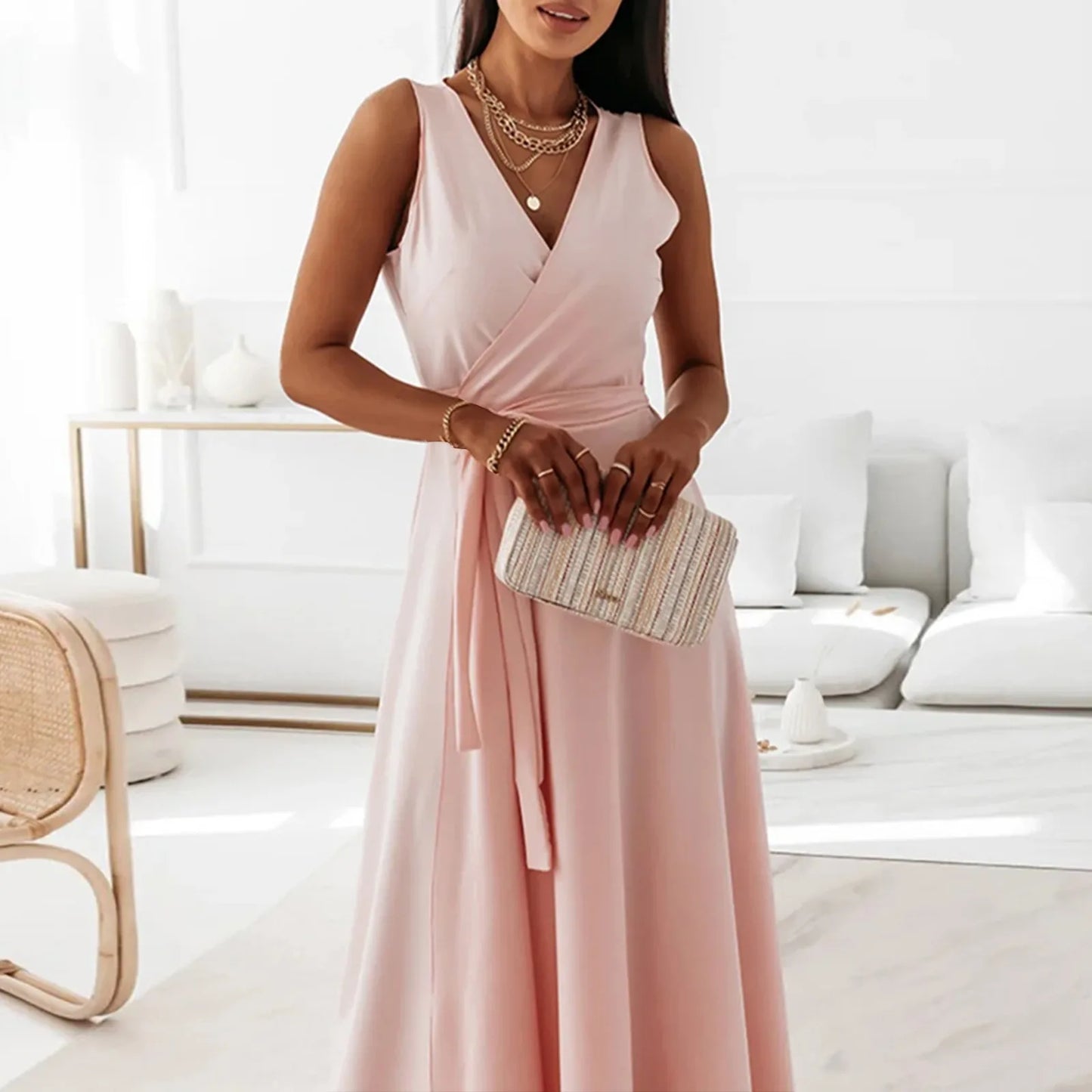 dresses for women elegant party dresses V-neck Sleeveless Belt Evening Dresses Solid Color Solid Color dress vestidos femenino