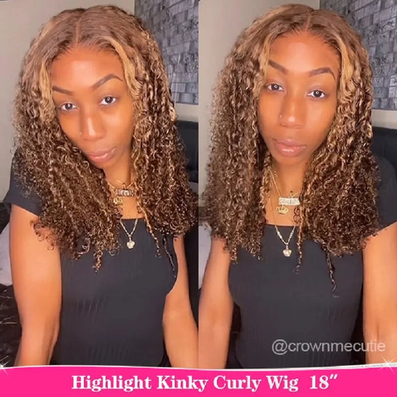 Highlight Curly Human Hair Wigs Wear Go Glueless 6x4 Kinky Curly Honey Brown Blonde Lace Front Wigs 180% Pre Cut Preplucked
