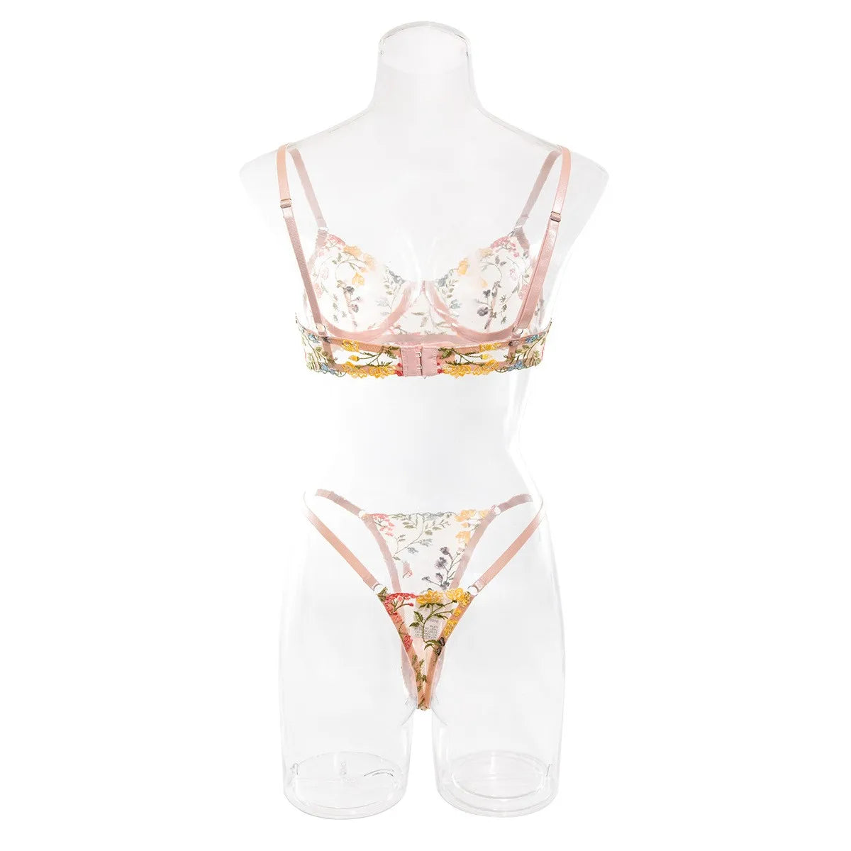 Women Underwire Lingerie Set Cute Push Up Strappy Embroidered Sheer Mesh Lingerie Set 2pcs Panty Bra Lingerie For Women LenceríA