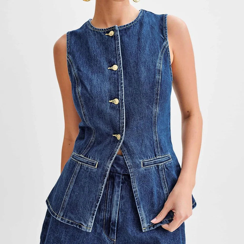 Women's Vintage Denim Casual Long Vest Tops Button-up Back Slit Sleeveless Pocket Slim Fits Waistcoat y2k Clothes Streetwear