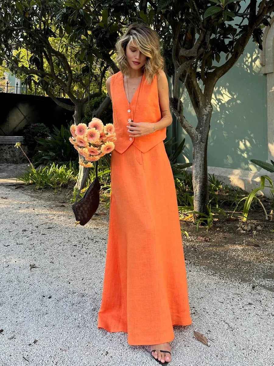 Wolfeel Womem's Chic Vest Long Skirt 2-Piece Set Summer New Female Sleeveless Top Fashionable Office Ladies Loose Dress Outfits