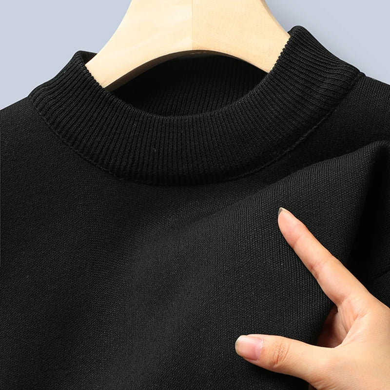 Winter New Men's Knitted Sweater with A Half High Collar Solid Color Plush and Warm Knitted Lining Top Casual and Versatile Top