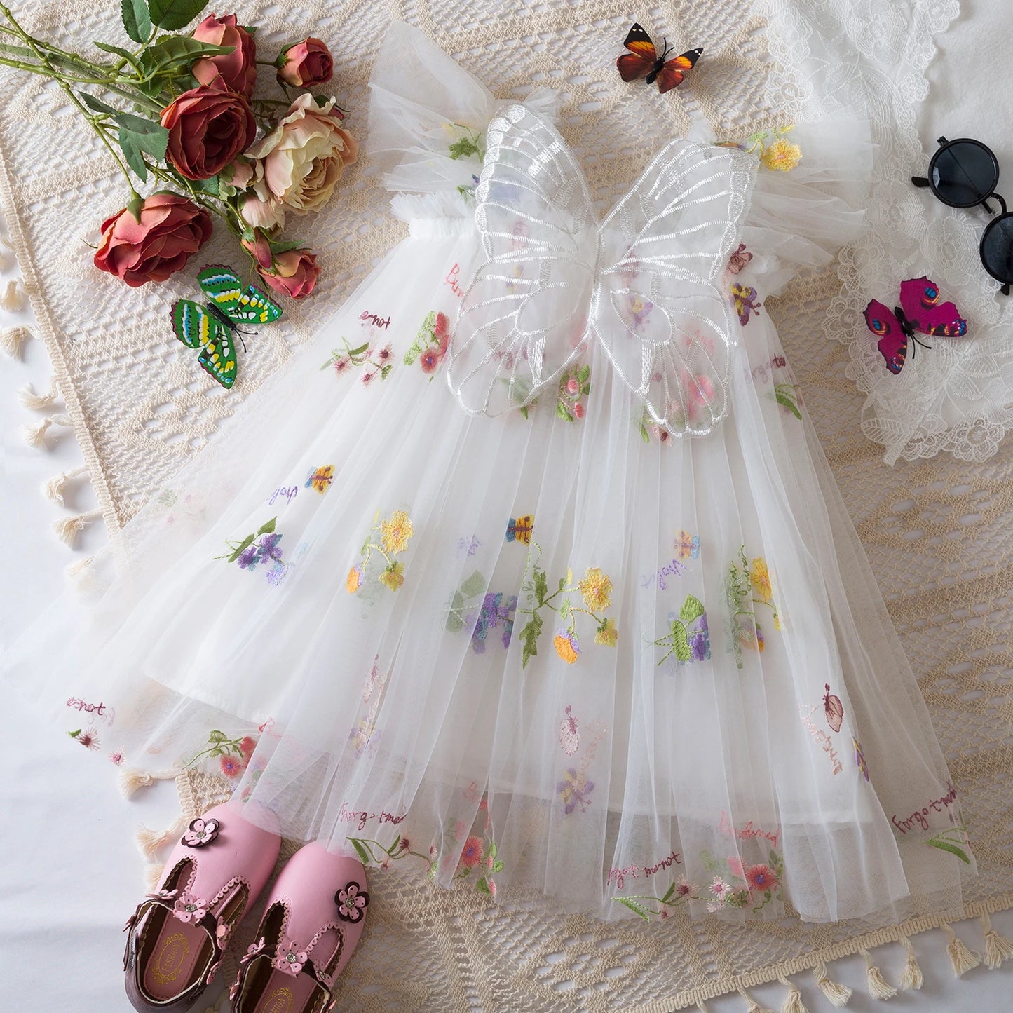 Baby Girls Dresses Princess Birthday Party Sweet Baby Girls Dresses Back Bow Wings Fairy Strap Embroidered Butterfly Mesh Dress