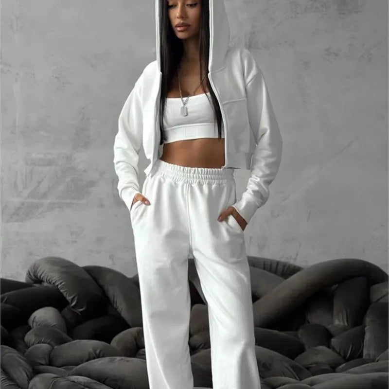 2025 New Women's Casual Long Sleeve Hooded Cropped Zip-Up Cardigan & Drawstring Sweatpants Two-Piece Active Lounge Set
