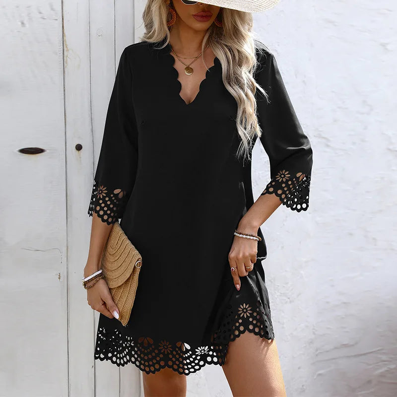 Fashion Elegant Women Dresses V-Neck Three Quarter Sleeve Hollow Out Hem A-Line Dress Female Casual Holiday Ladies Dresses 2025