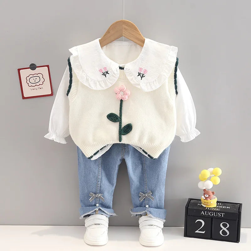 Spring newborn Baby Girls' Clothes Outfit sets Knitted Vest Shirt Bow Jeans suit for Girls Baby clothing 1st birthday wear sets
