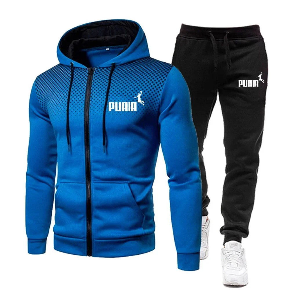 2025 New men's sportswear hooded printed top + leisure entertainment trend polka dot fast run leisure fitness sportswear set
