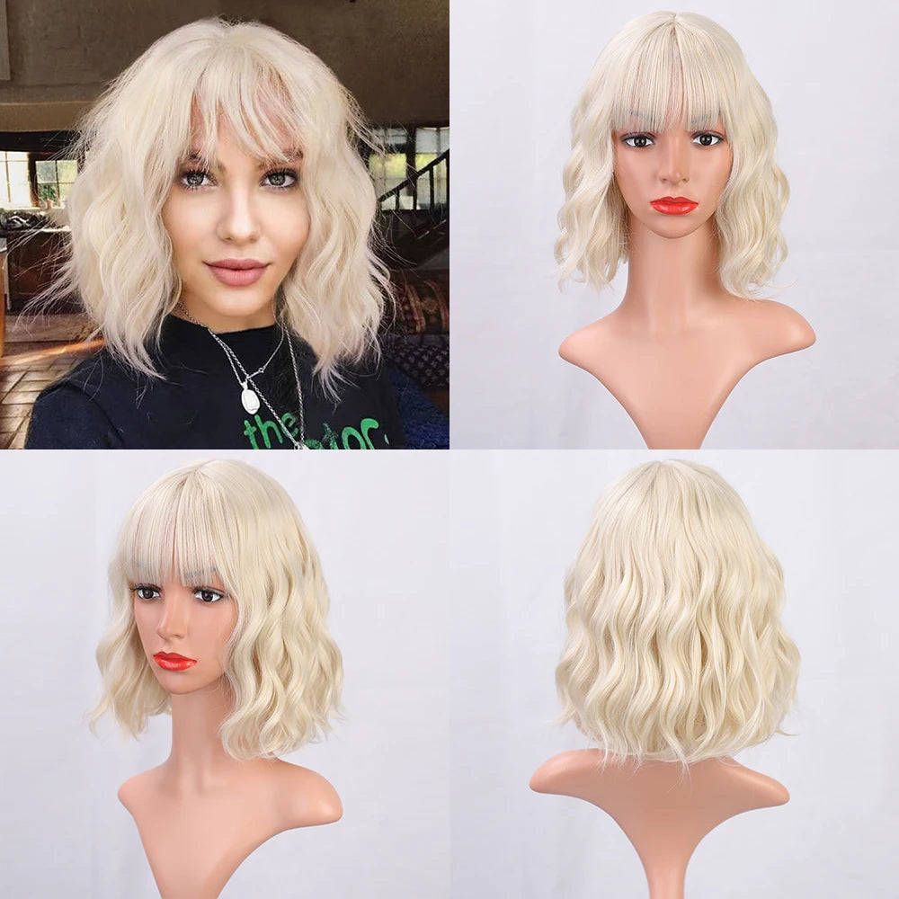 I's a wig Short Black Bob Wavy Wigs With Bangs for Women Synthetic Wig Heat Resistant Fiber Red Black Pink Hairs
