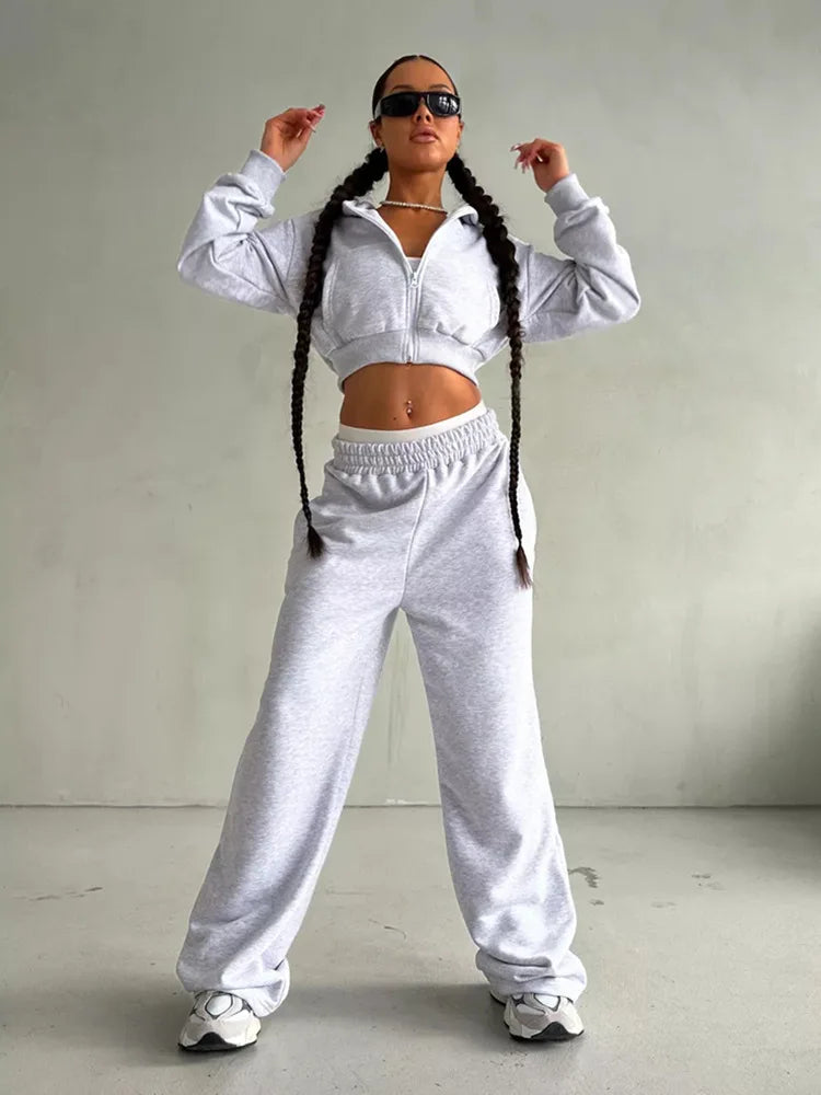 2025 New Women's Casual Long Sleeve Hooded Cropped Zip-Up Cardigan & Drawstring Sweatpants Two-Piece Active Lounge Set
