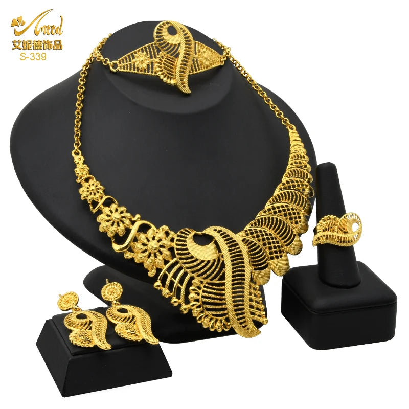 ANIID African Jewelery Sets Flower Earrings Choker Necklace Bracelet Hawaiian Indian Dubai Golden Jewelry For Women Accessories