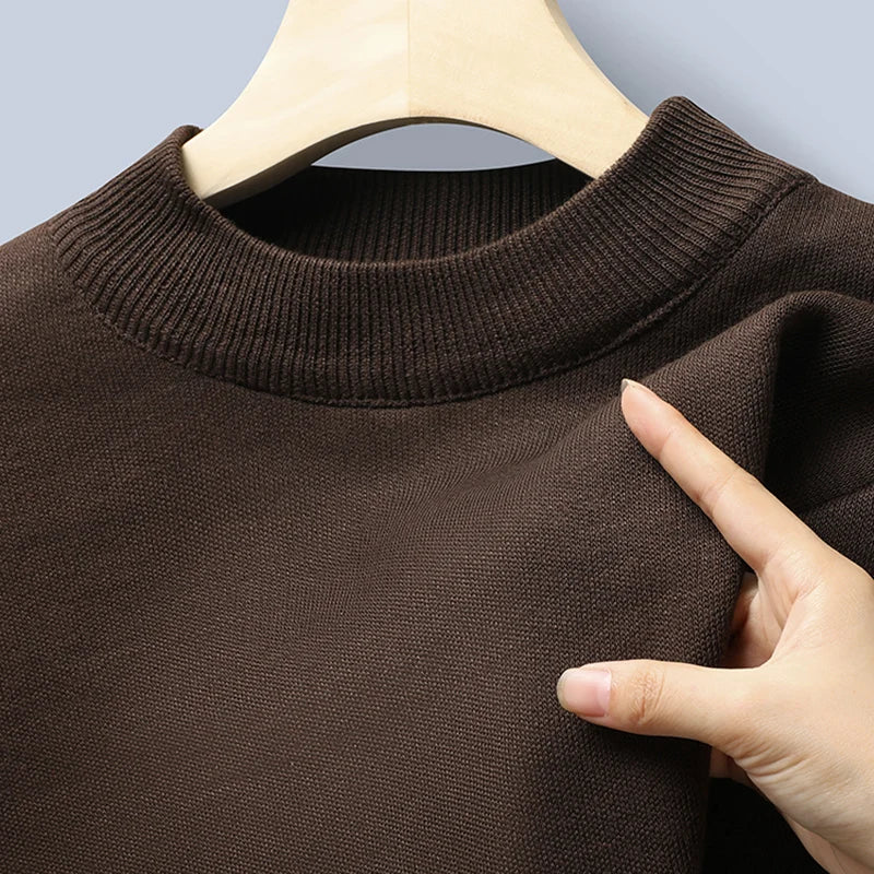 Winter New Men's Knitted Sweater with A Half High Collar Solid Color Plush and Warm Knitted Lining Top Casual and Versatile Top