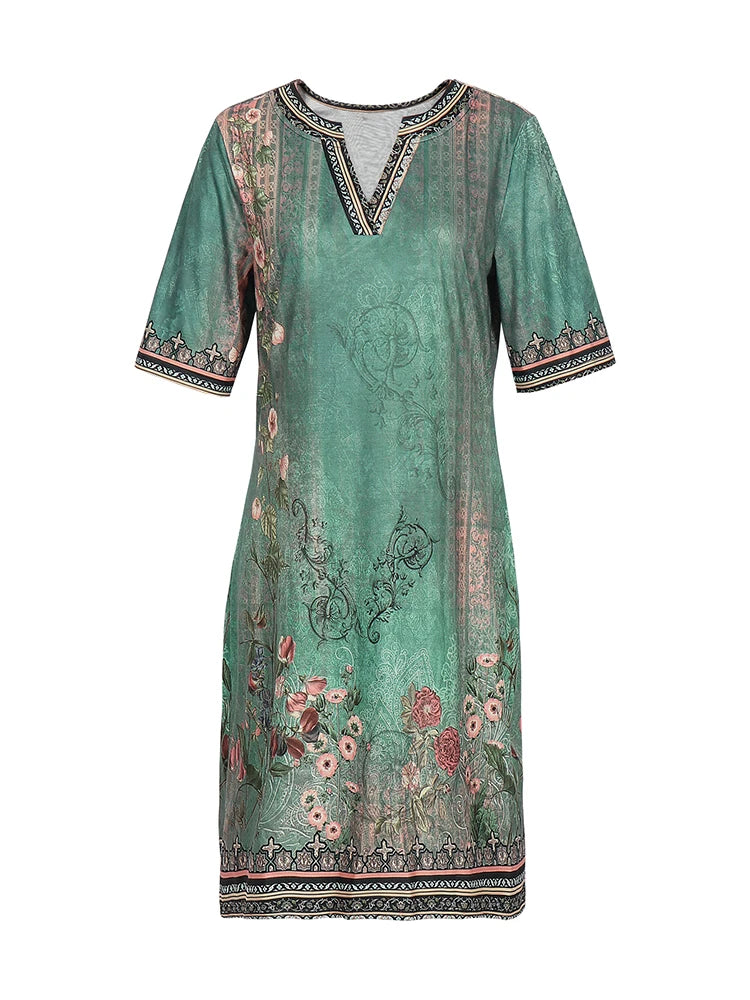 Summer plus Size V-Neck Short Sleeve Dress Women's Printed Patterns Optimal 2025 New Arrival Fashionable plus Size Casual Dress
