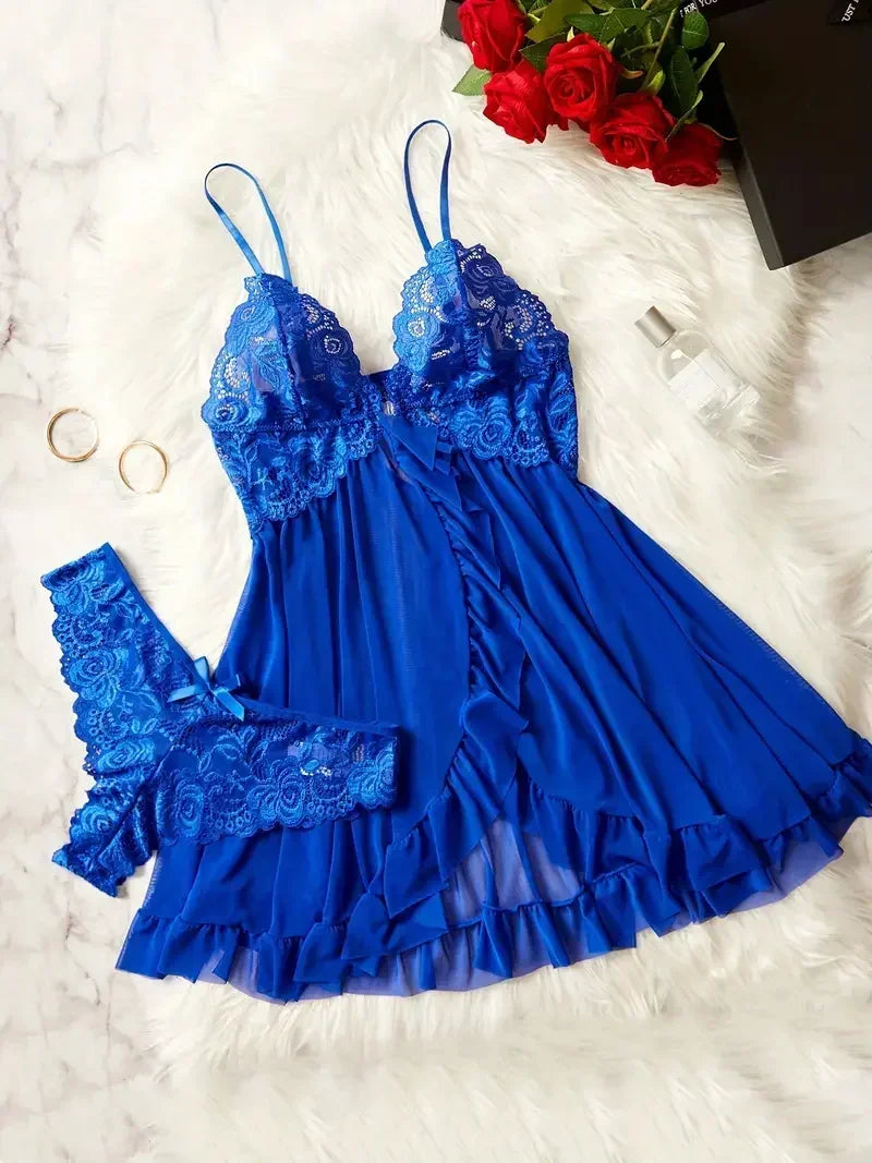 Women Nightdress Sexy Lace Chemise Bow Nightgown Sleepwear Solid Slim Soft Dresses V Neck Full Slip Sleepwear & Dresses