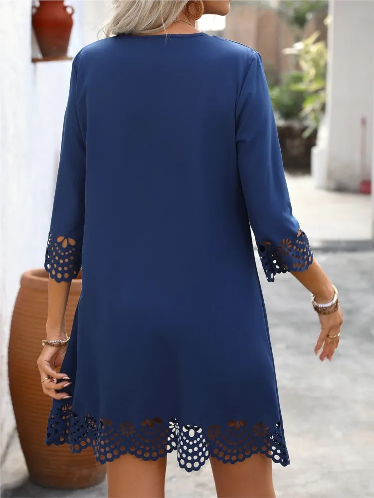 Fashion Elegant Women Dresses V-Neck Three Quarter Sleeve Hollow Out Hem A-Line Dress Female Casual Holiday Ladies Dresses 2025